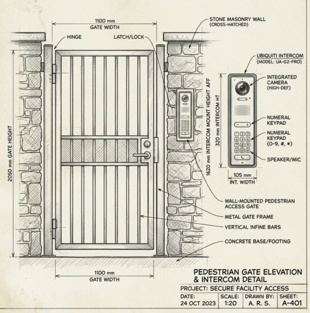Pedestrian gate elevation with Ubiquiti UA-G2-Pro intercom — dimensioned architectural drawing, stone masonry, metal gate frame