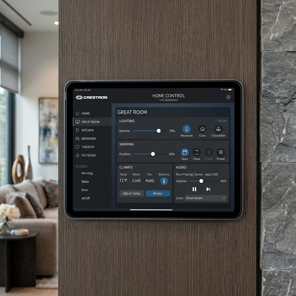 Crestron control interface on wall-mounted iPad