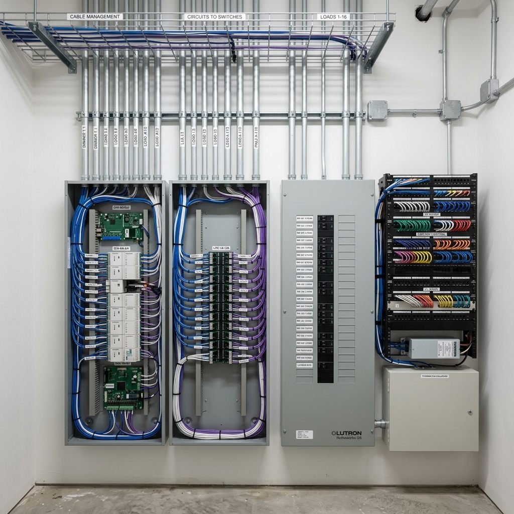 Lutron lighting control panels in MDF equipment room