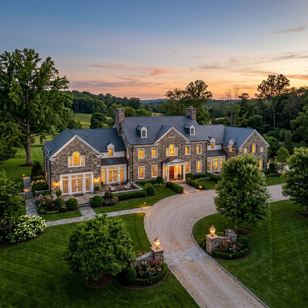 Main Line estate exterior at dusk with automated lighting