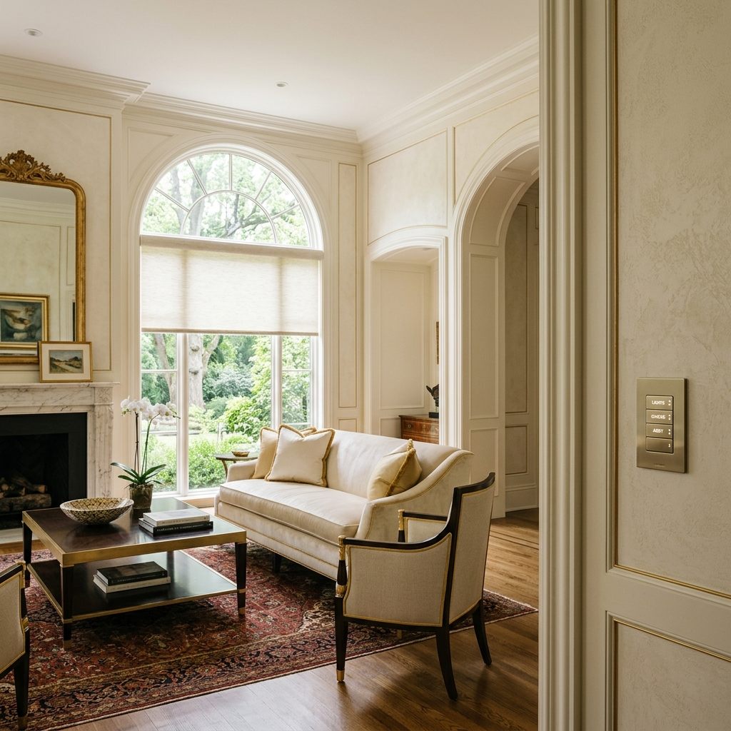 Lutron Palladiom keypad in Main Line estate living room