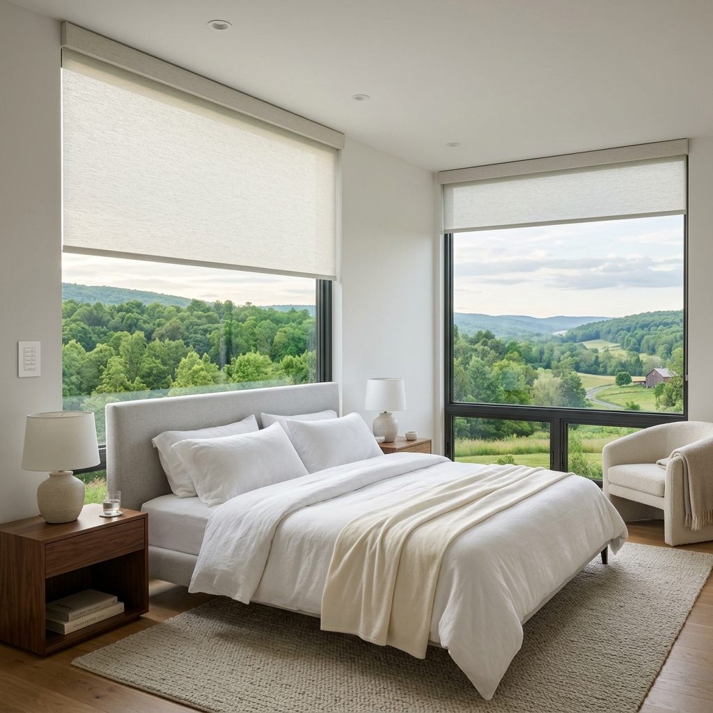 Motorized shades and Lutron lighting scene in living area