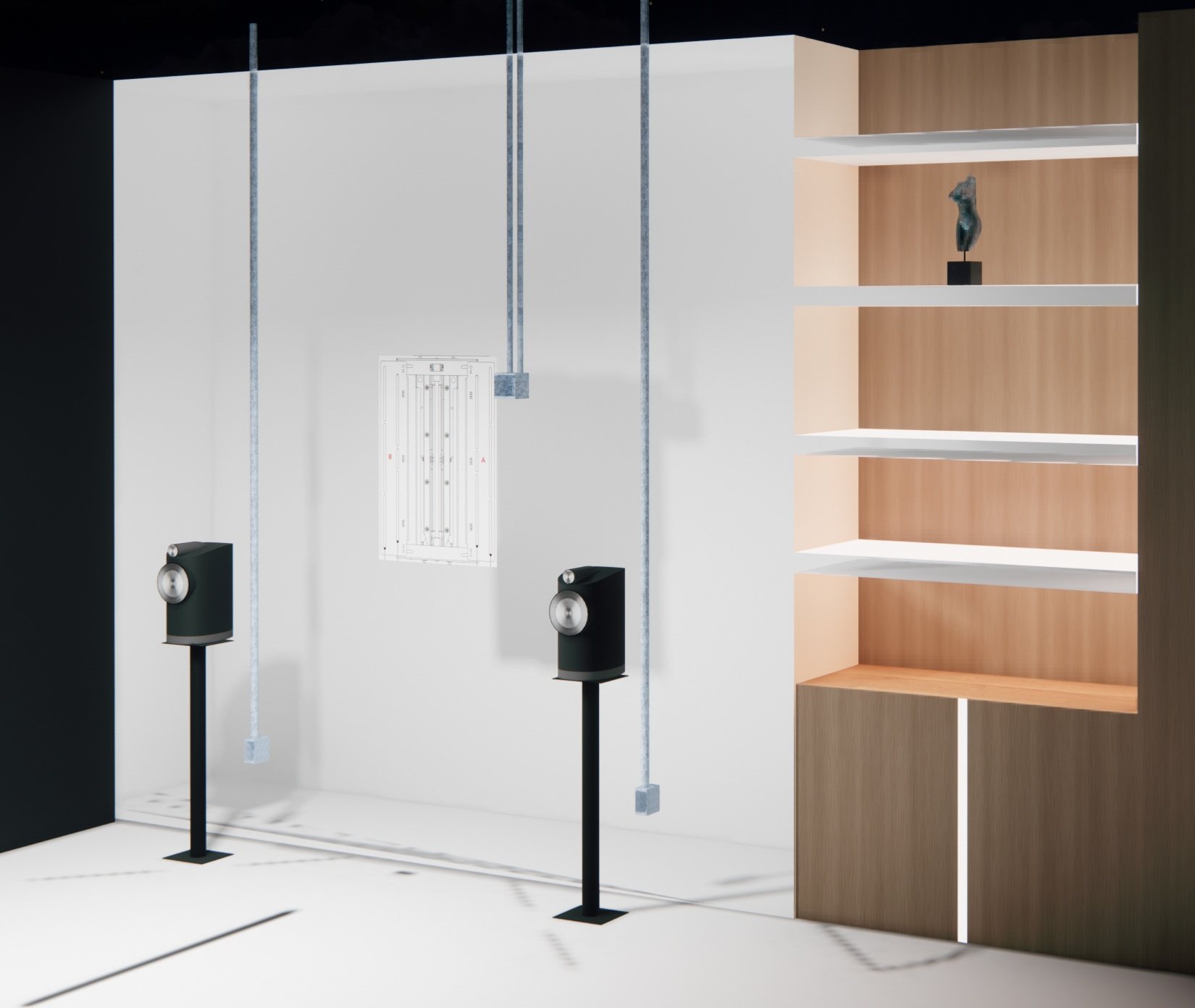 Enscape construction-phase render showing conduit rough-in and speaker pre-positioning