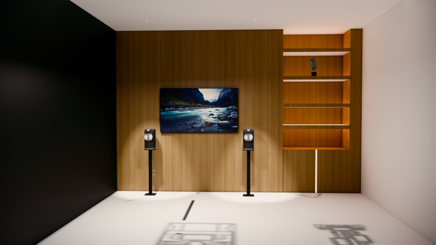 AV room alternate angle showing millwork shelving and speaker placement