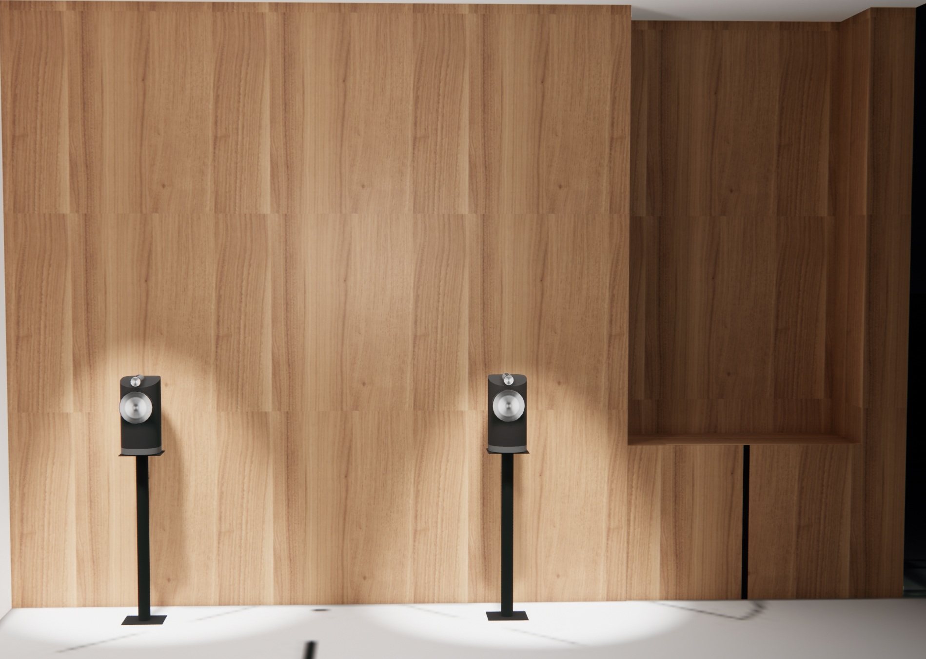 B&W bookshelf speakers with custom millwork wall panels