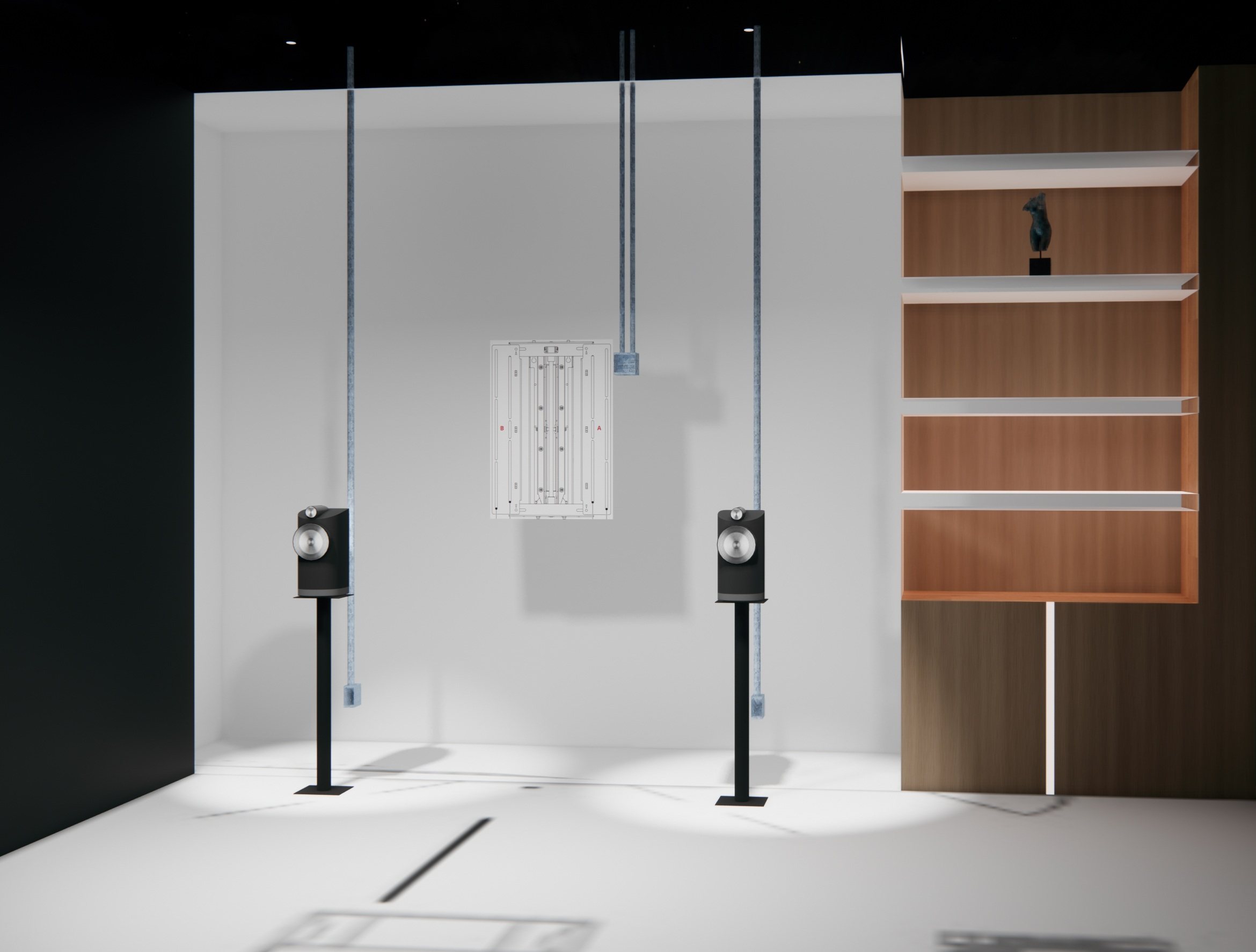 SketchUp coordination model showing speaker placement, cable paths, and millwork integration