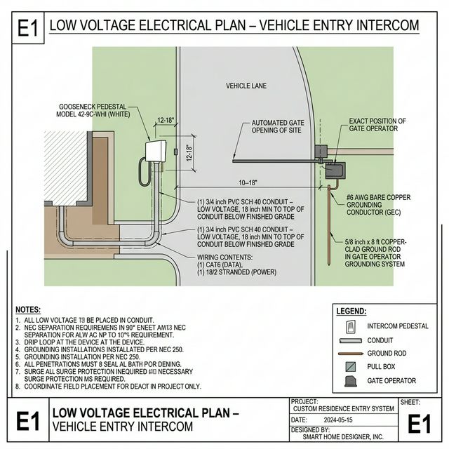 E1 Low Voltage Electrical Plan — Vehicle Entry Intercom, gooseneck pedestal, underground conduit routing, gate operator grounding