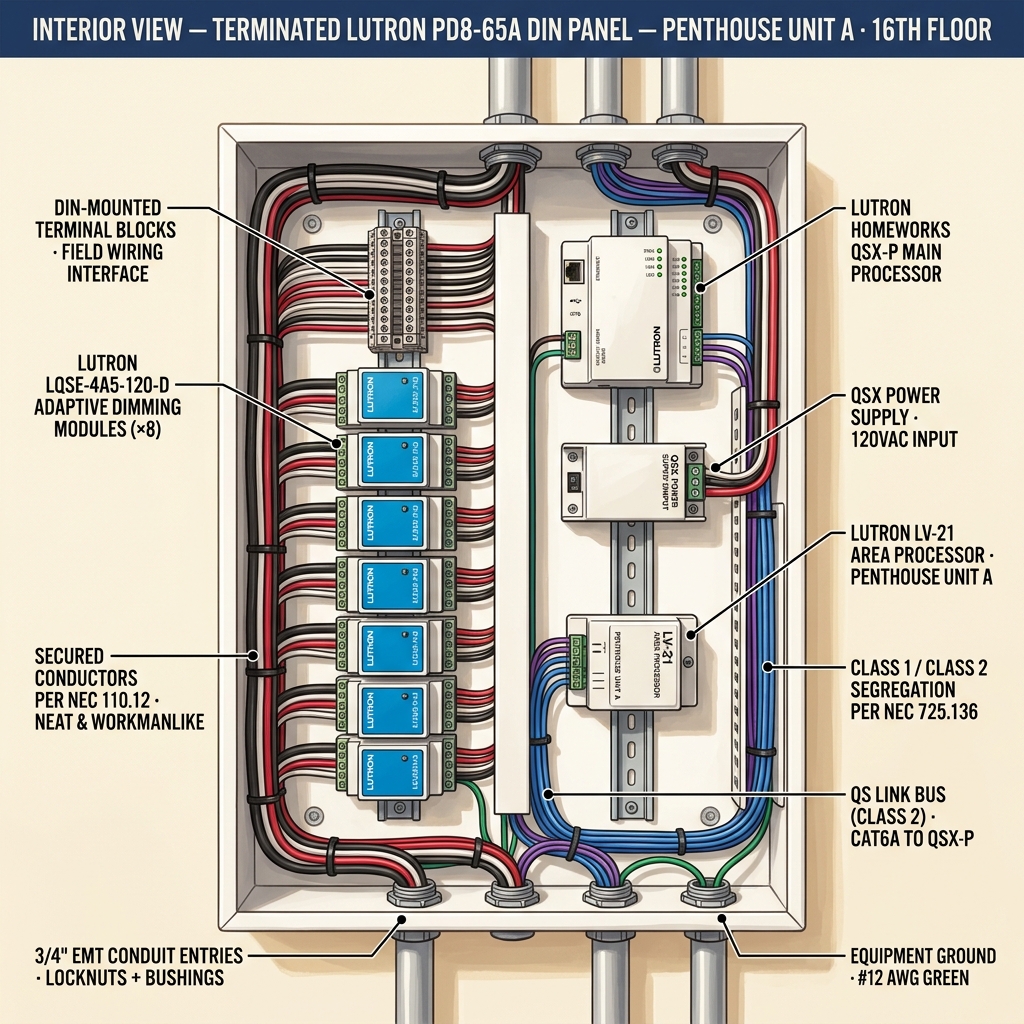 Lutron PD8 panel array with EMT conduit