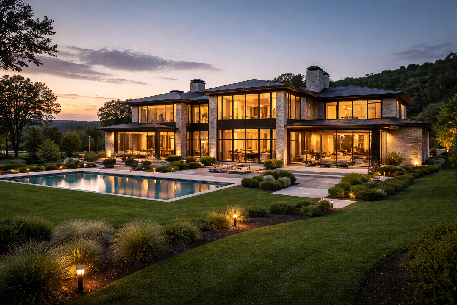Pennsylvania stone mansion at dusk with Lutron lighting