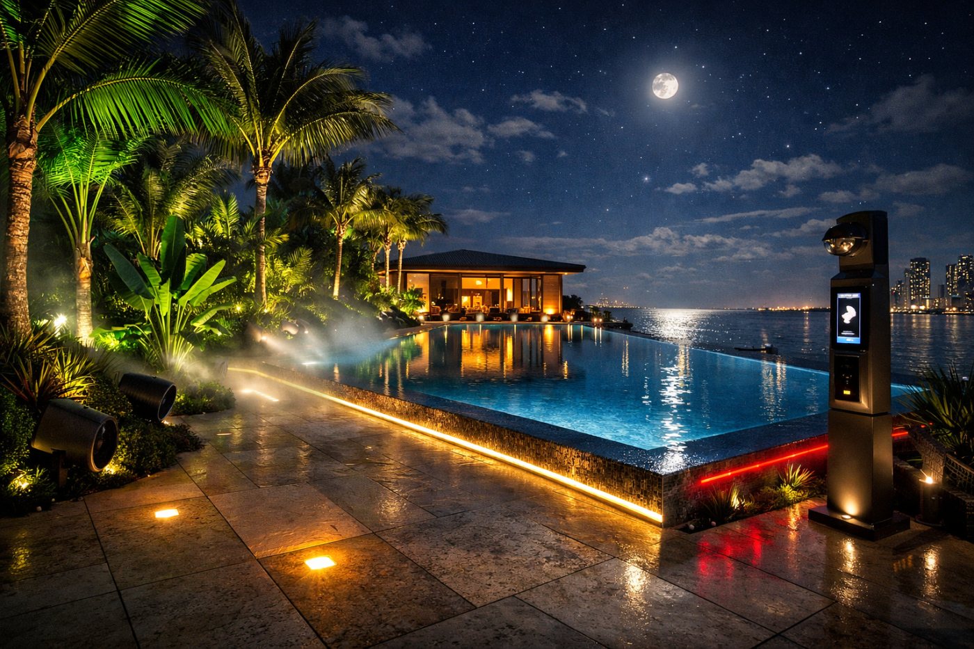 Coastal Source outdoor audio and landscape lighting at pool deck