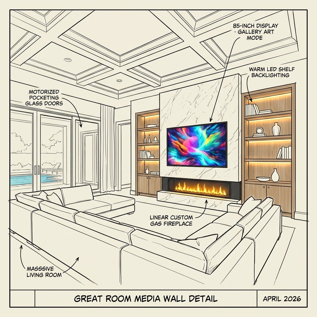 Great Room Media Wall Detail technical sketch showing pocketing glass doors and LED shelf backlighting