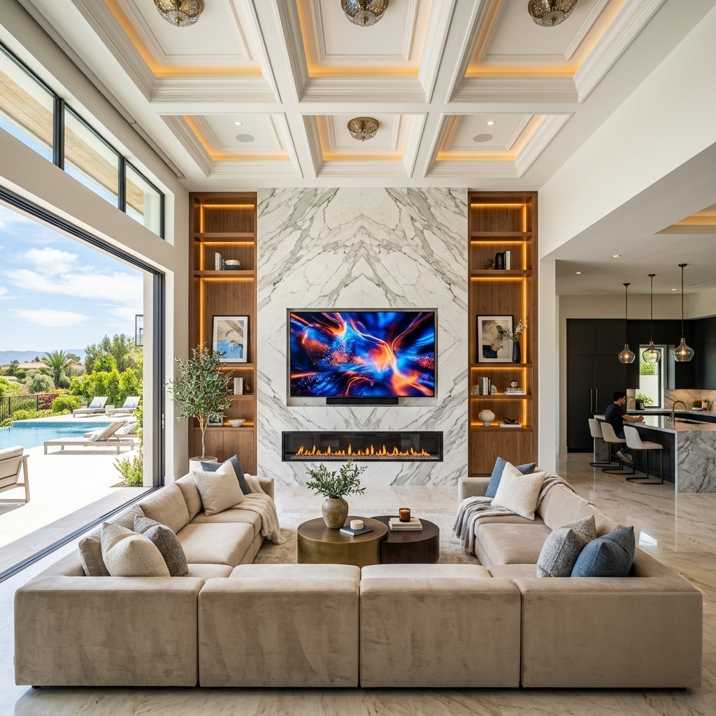 Luxury Great Room with marble media wall and Lutron scene lighting