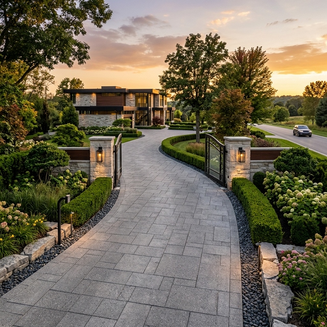 Dusk view of massive estate driveway and secure access gate
