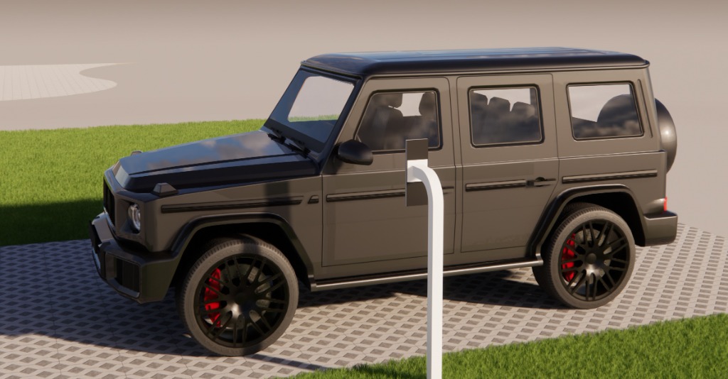 3D rendering of gate access pedestal with luxury SUV