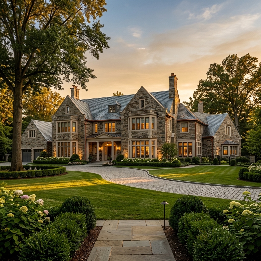 Exterior shot of a classic stone estate at sunset