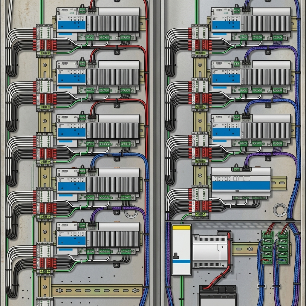 Lutron HomeWorks QSX panel interior — DIN rail dimmer modules, color-coded wiring