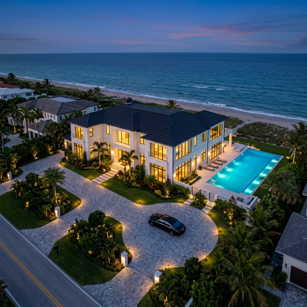 Oceanfront Palm Beach estate aerial view at dusk &ndash; illuminated pool, grounds lighting, and ocean frontage